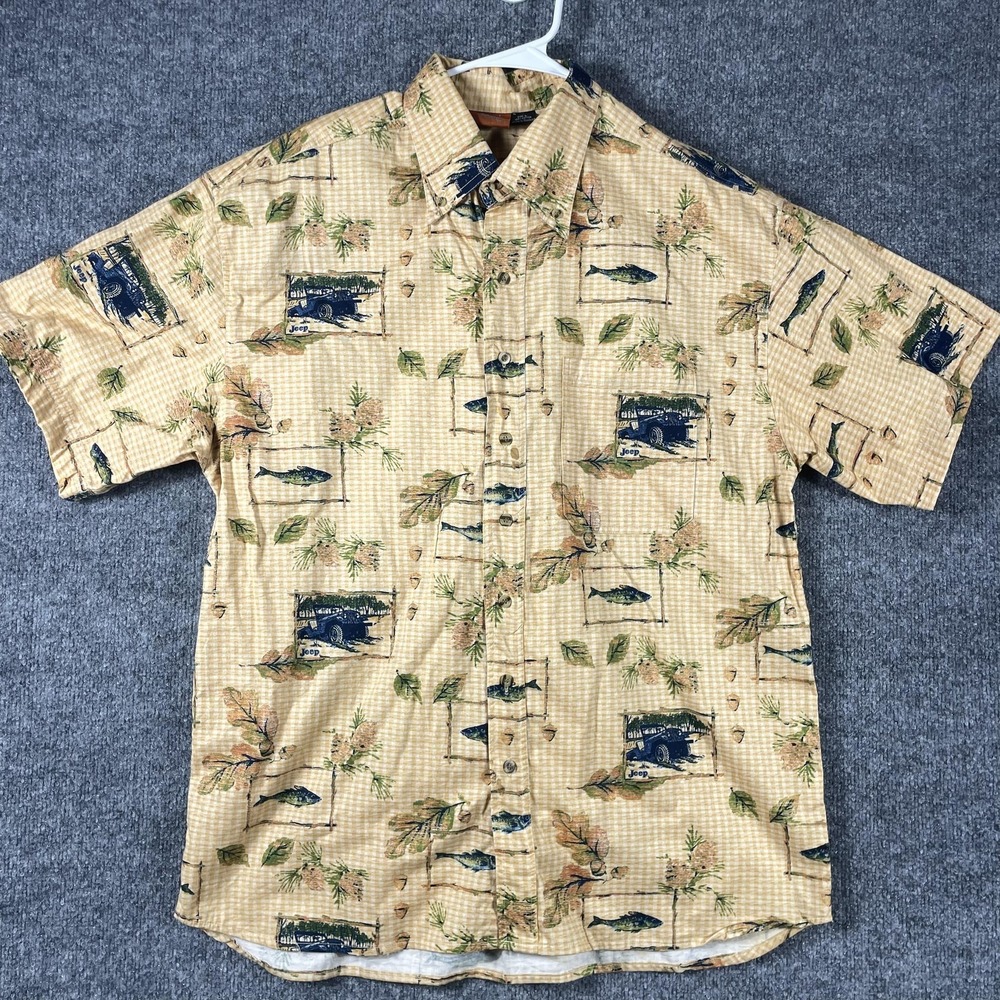 Jeep Shirt Mens L Beige Graphic Print Short Sleeve Button Up Relaxed Hawaiian